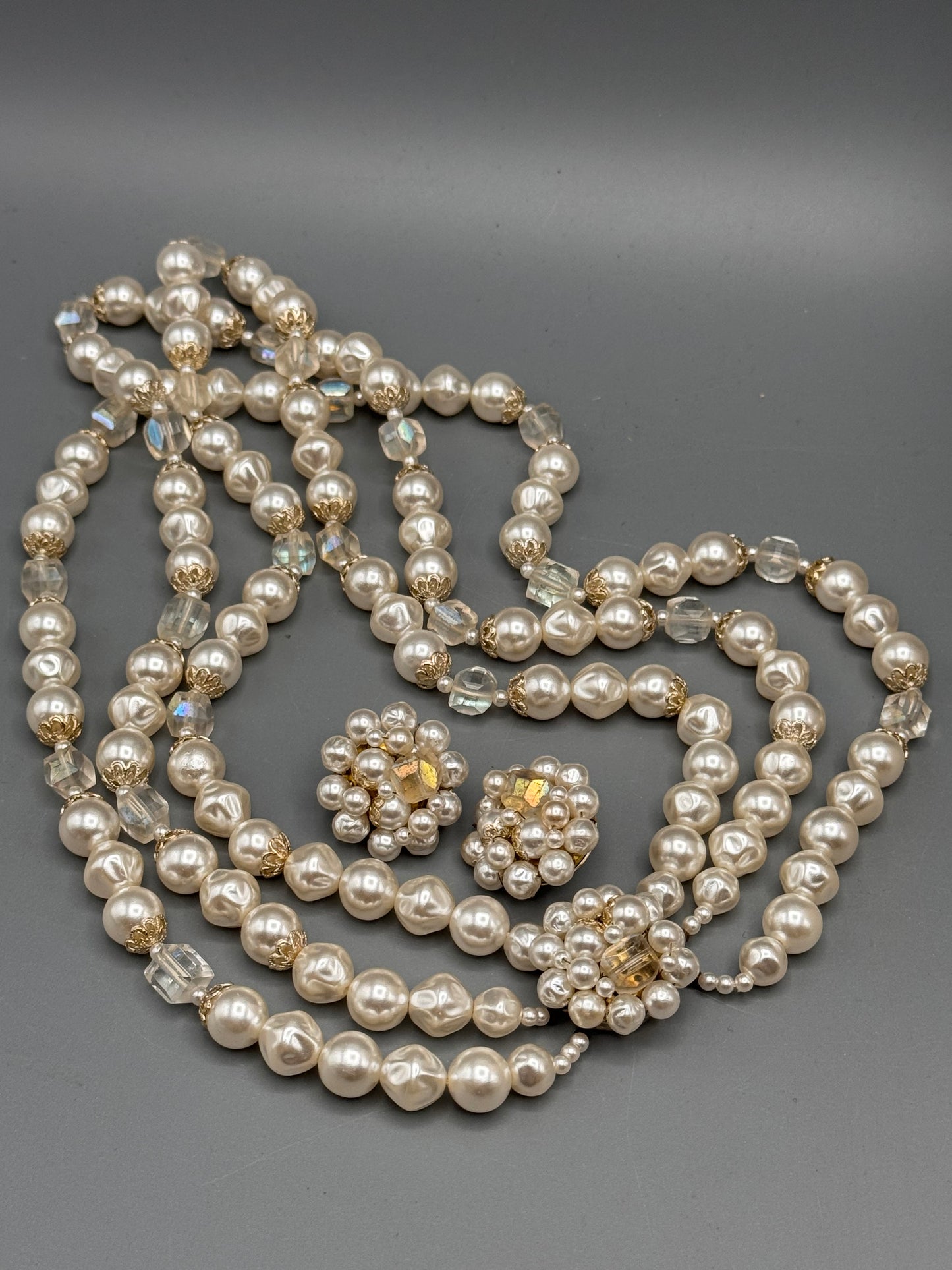 Vintage Triple Strand Faux Pearl Necklace 18” Baroque Clip On Set