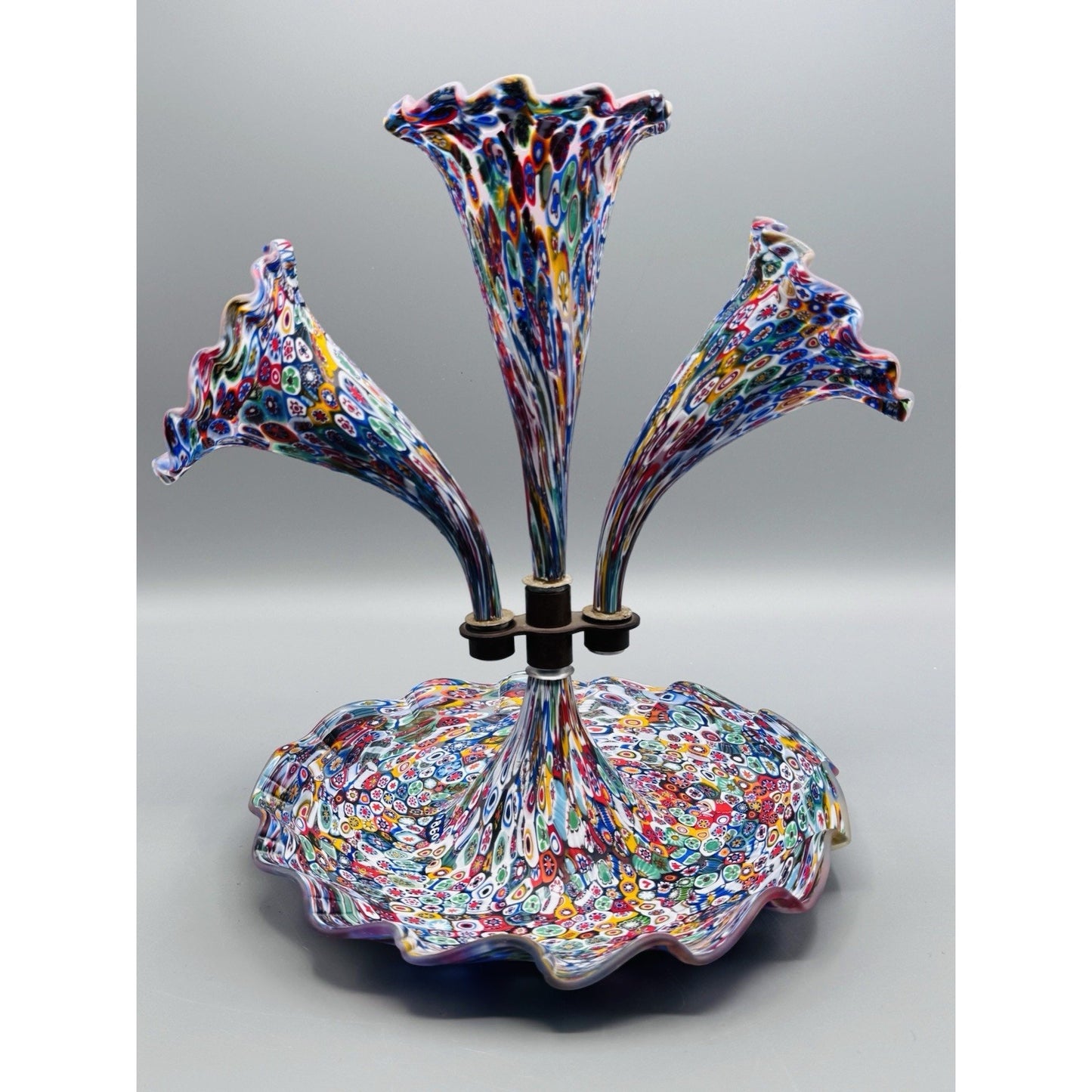 Murano Millefiori Epergne Art Glass 3 Horn Centerpiece Vase 1860 Cane 11.5”