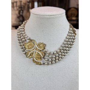 Miriam Haskell Choker Necklace 4 Strand Faux Pearl Goldtone Leaf 18” READ‼️
