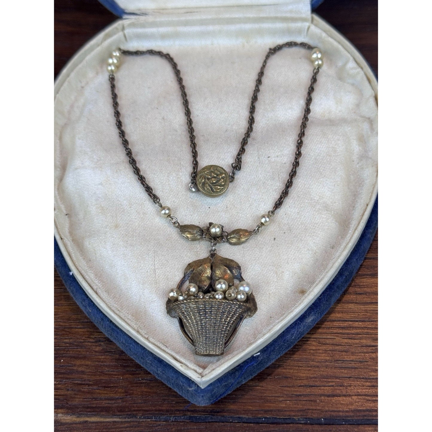 Vintage Floral Basket Necklace Brass Tone Faux Pearl Pendant 16.5” Romantic