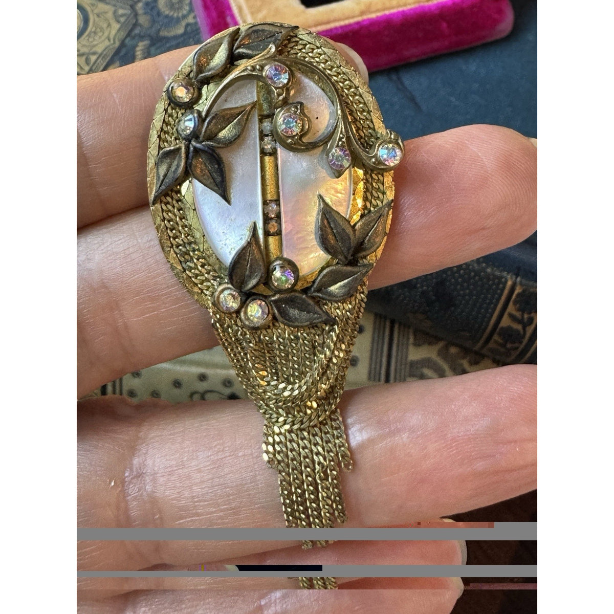 MARENA Brooch Pendant Goldtone Tassel Rhinestone Handmade Germany Vintage 2.75”