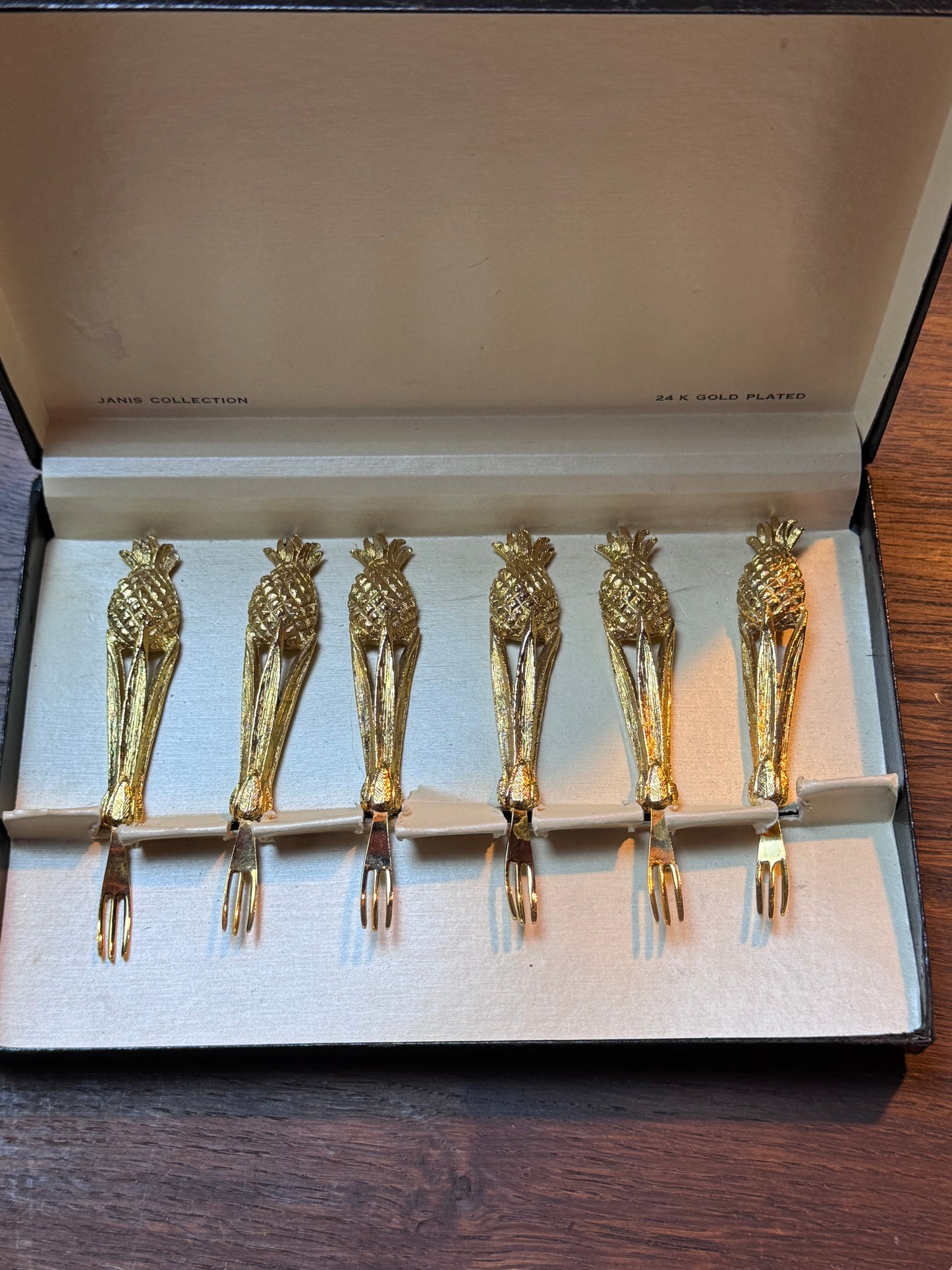 Vintage Canapé Fork Set 24kt Gold Plated Janis Collection 6 Pineapple Design
