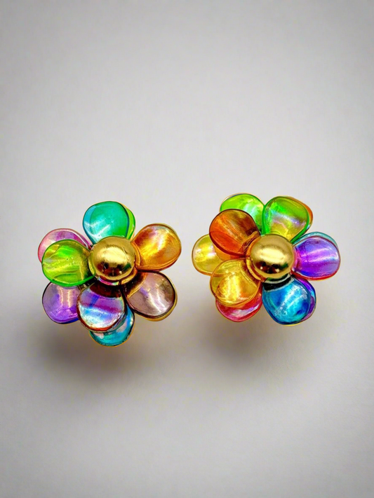 Vintage 80s Flower Earrings Rainbow Colors Acrylic Clip-on