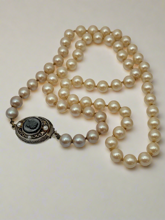 Vintage Faux Pearl Necklace Single Strand With Black Cameo Clasp Circa 10”