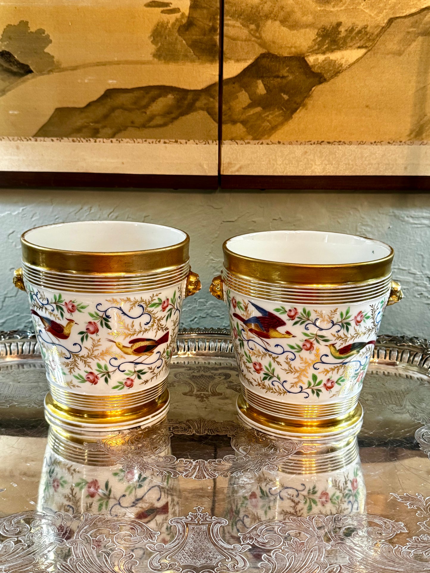 Antique Paris Porcelain Cachepot Planter Pair Hand Painted Bird Motif 19th Century