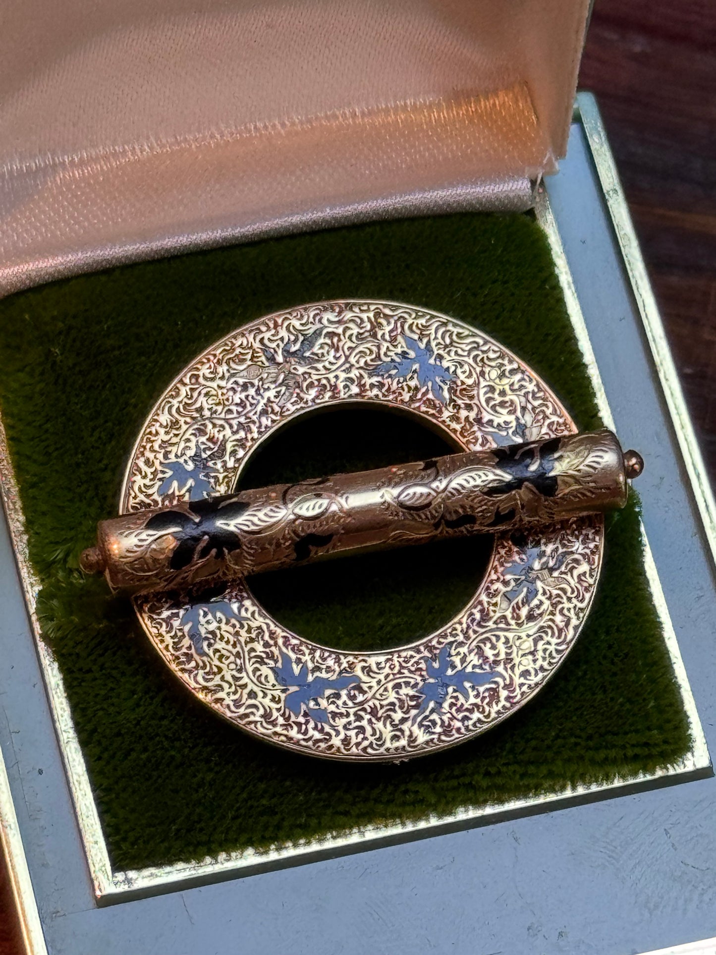 Victorian Sterling Silver 14K Gold Plated Taille d’Épargne Enamel Brooch Pendant