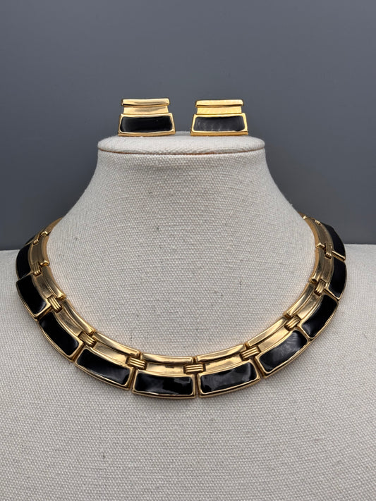Vintage Necklace Black Enamel Goldtone Link 15.5” Matching Earrings Set