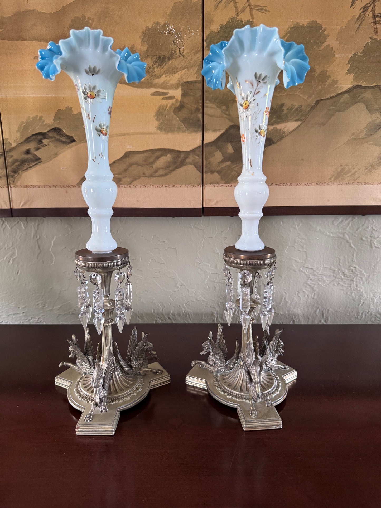 Antique Griffin Glass Epergne Vases Candlesticks Crystal Prisms Pair 18” RARE PAIR!!!