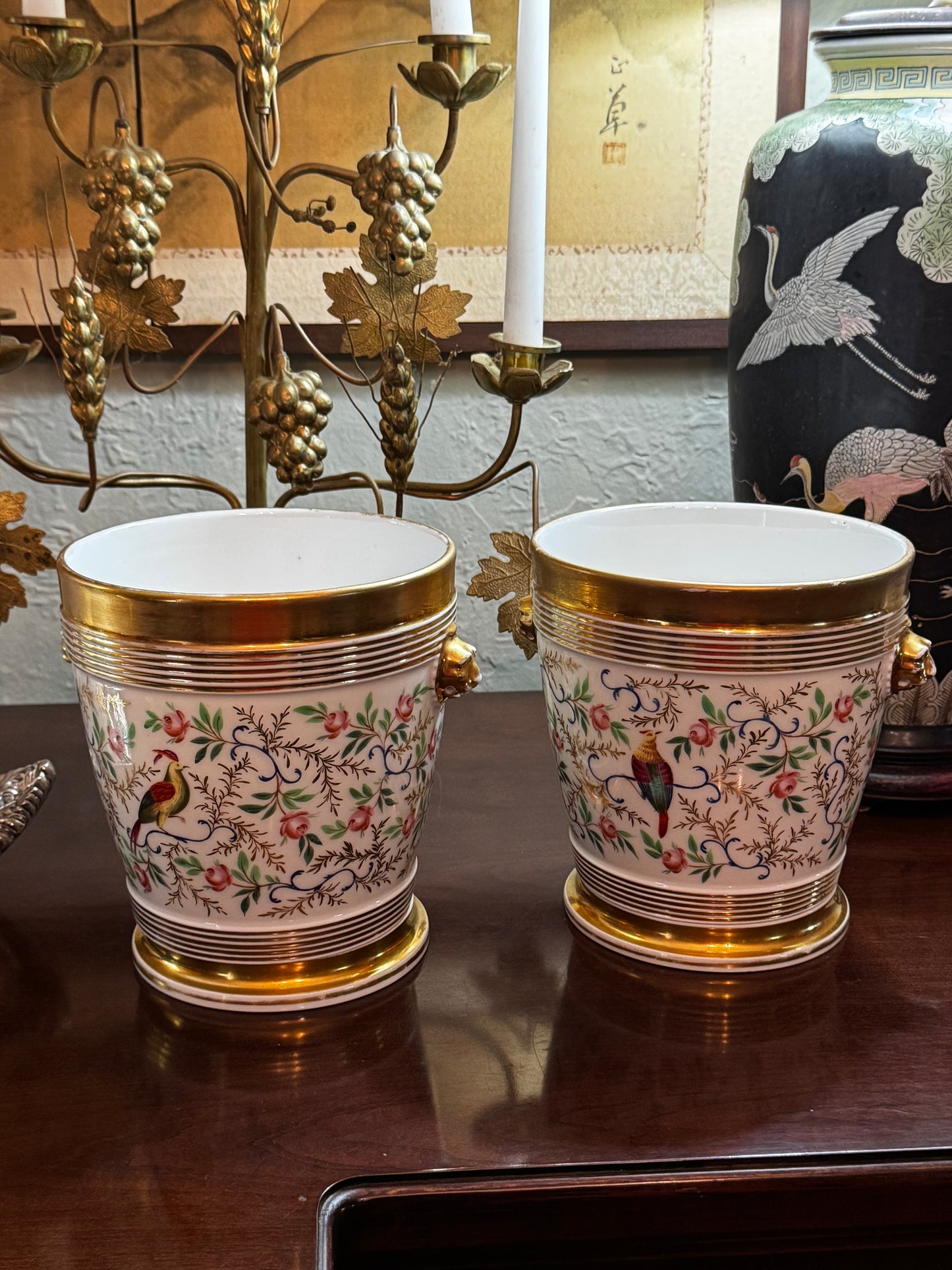 Antique Paris Porcelain Cachepot Planter Pair Hand Painted Bird Motif 19th Century