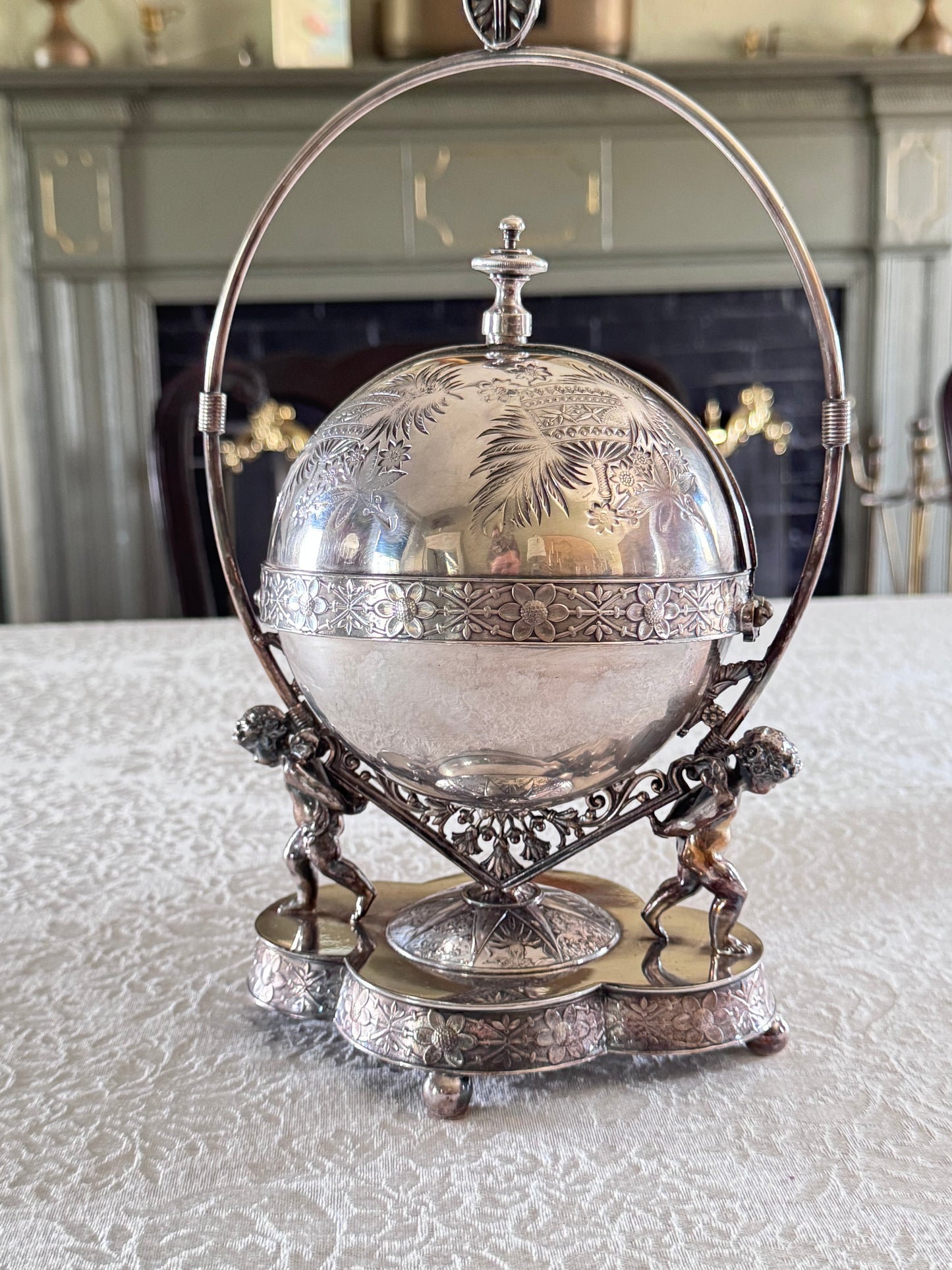 Antique Silverplate Putti Cherub Mechanical Butter Dish Victorian American Gilded Age c. 1880–1900