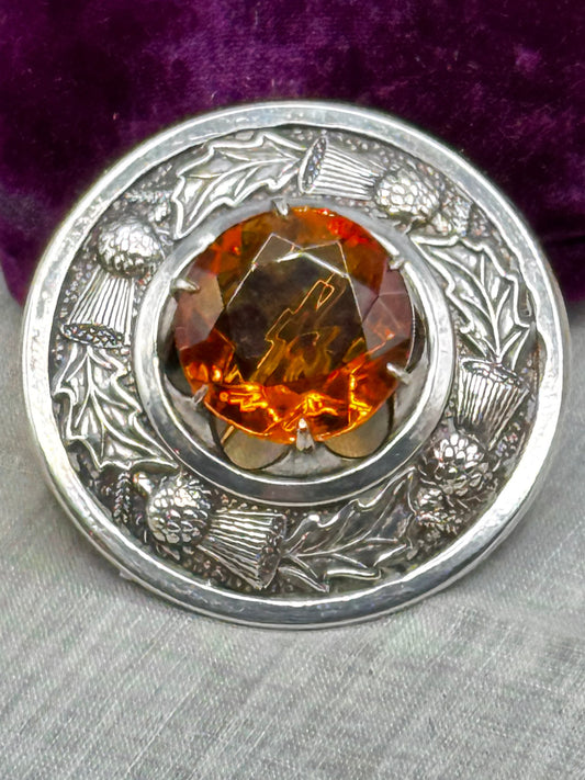 Scottish Thistle Brooch Silver Tested Amber Glass Faceted Stone 1.75” Signed Made Britain