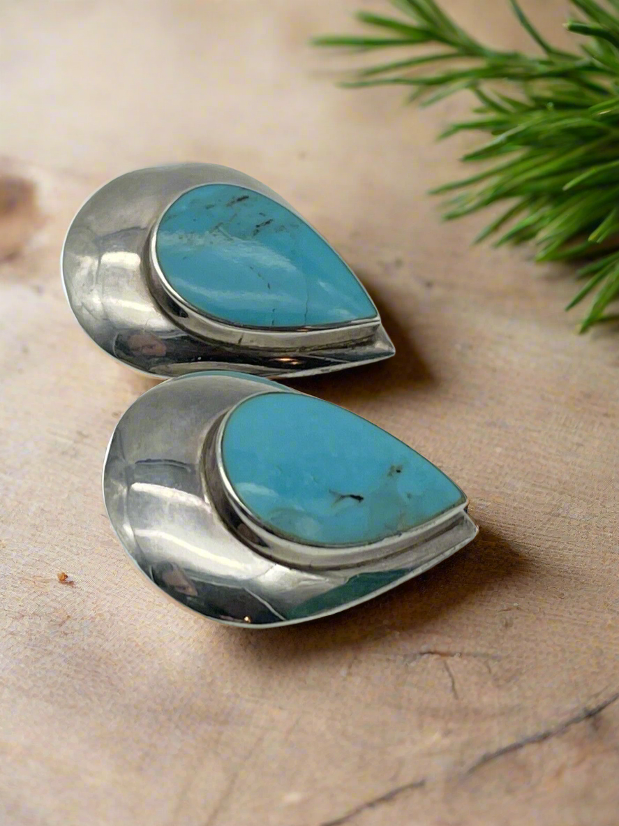 Vintage Sterling Silver Turquoise signed Earrings Clip On Estate Find