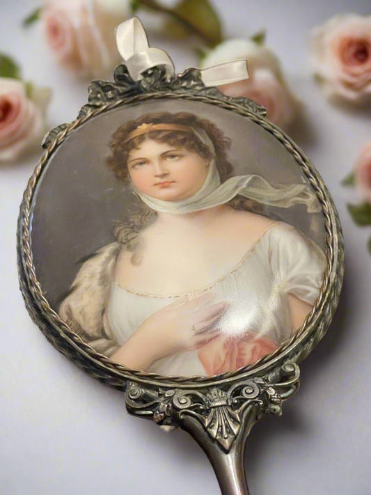 Antique Hand Painted Portrait Hand Held Mirror showing Queen Louise Of Prussia 10.5” Hand Painted