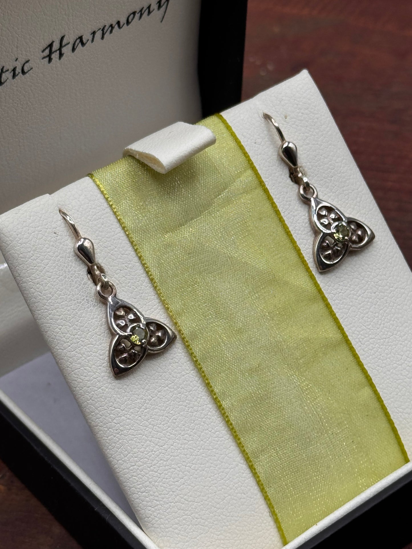 Vintage Irish Sterling Silver Trinity Knot Peridot Earrings Celtic Harmony