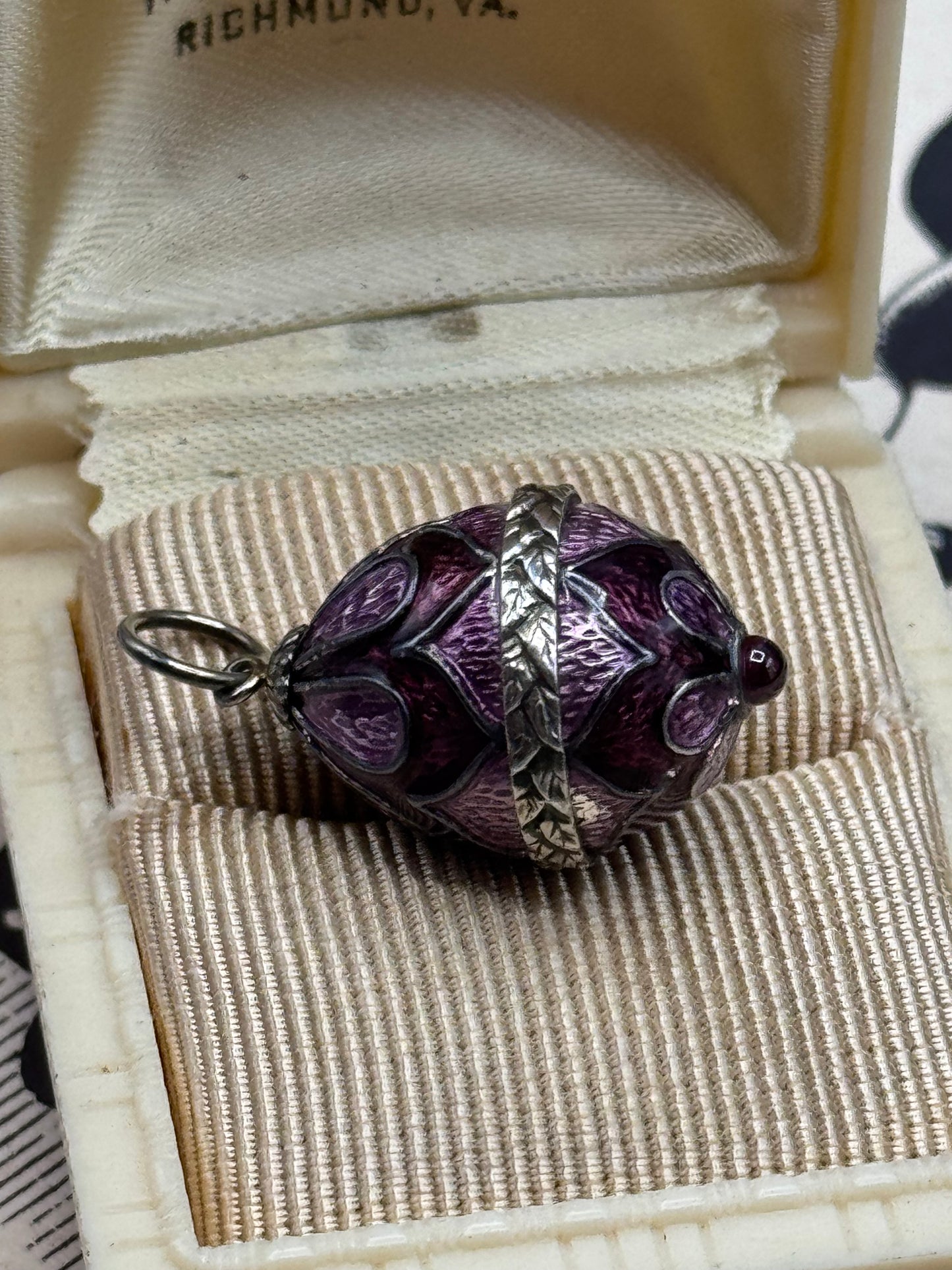 Vintage Guilloche Enamel Egg Pendant Purple Floral Pink Velvet Ribbon