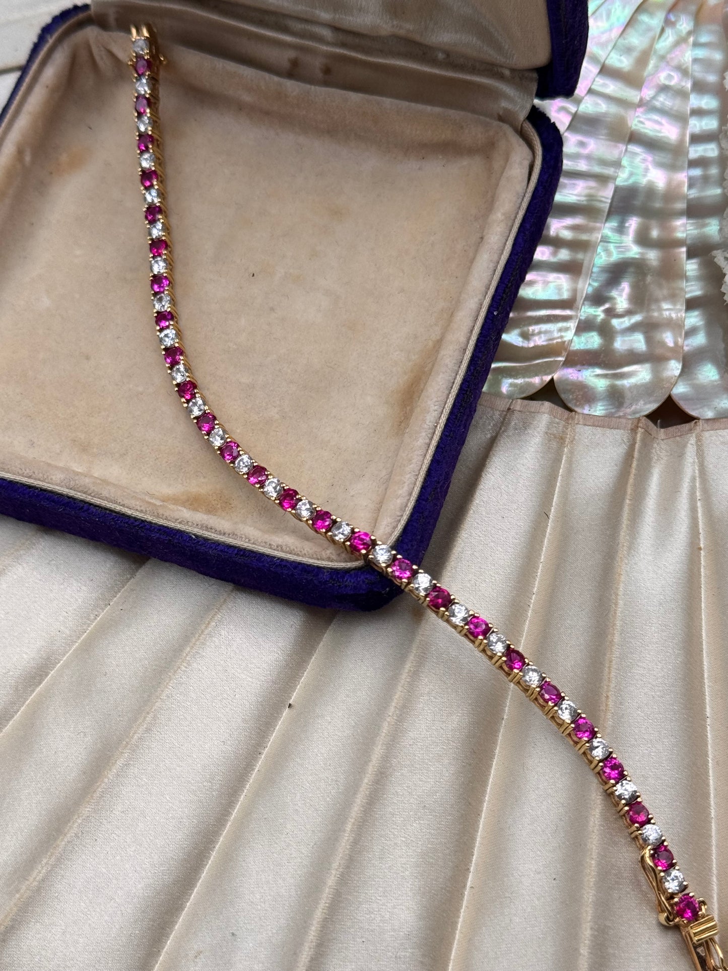 Vintage Tennis Bracelet Pink Clear Stones 925 Gold Vermeil 6.75”