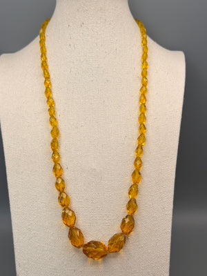 Vintage Necklace Yellow Faceted Glass Beads Czech Style Graduated 27.5”
