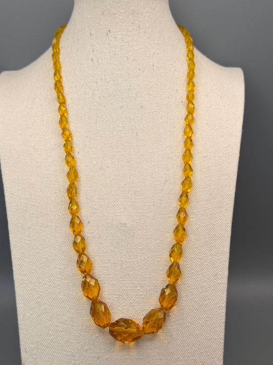 Vintage Necklace Yellow Faceted Glass Beads Czech Style Graduated 27.5”