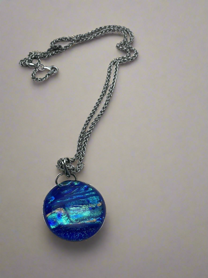 Blue Art Glass Pendant Dichroic & Sterling Silver Chain With Ca. 10” Closed