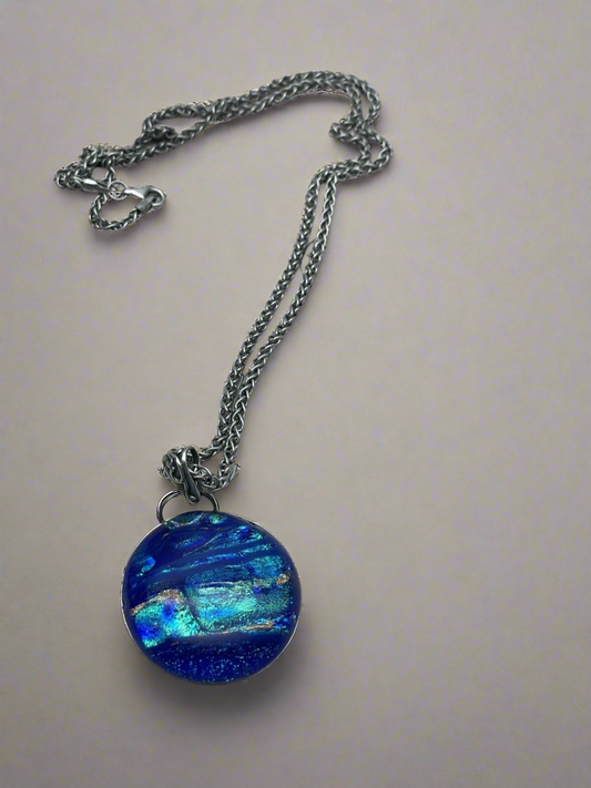 Blue Art Glass Pendant Dichroic & Sterling Silver Chain With Ca. 10” Closed