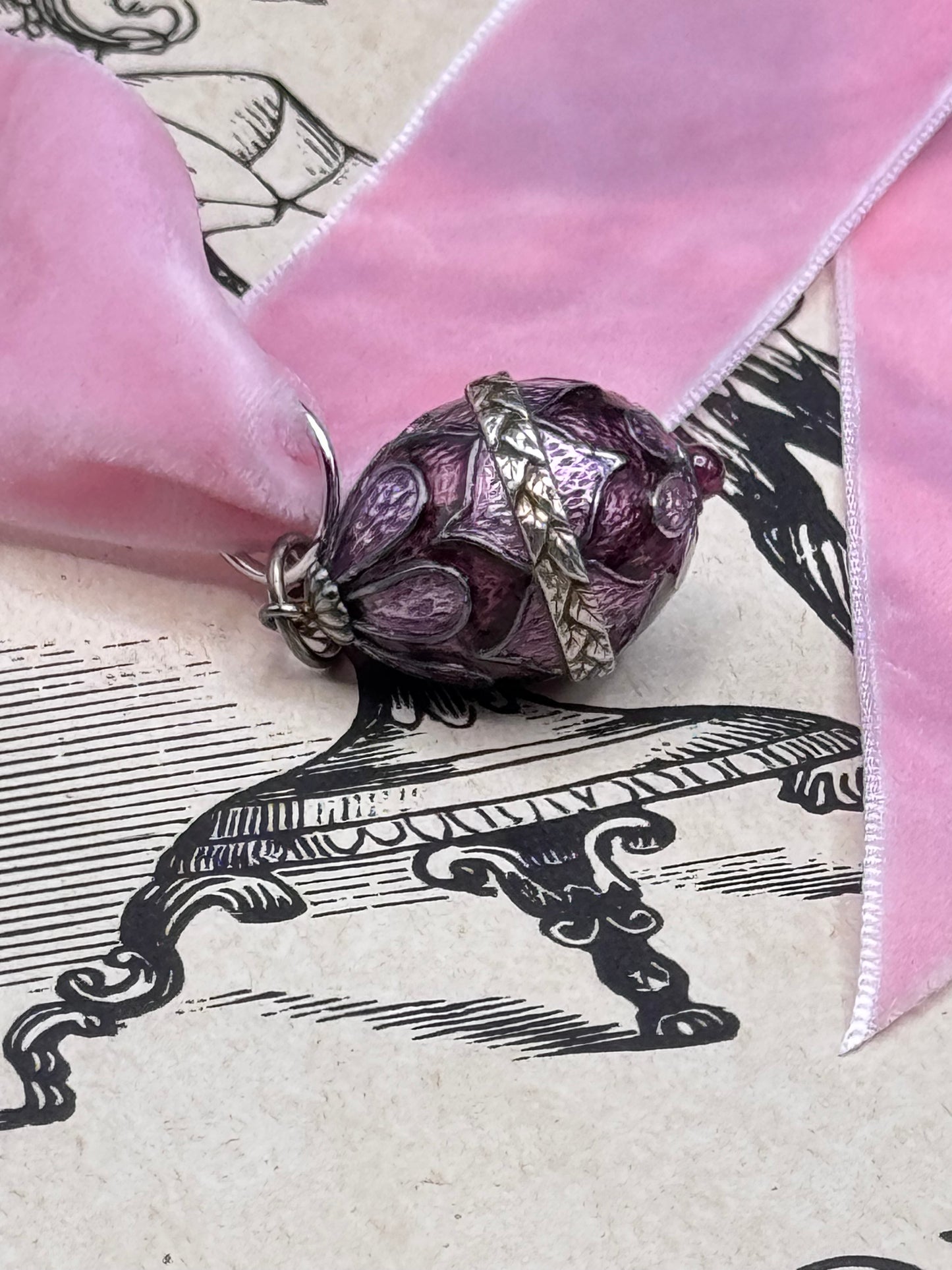 Vintage Guilloche Enamel Egg Pendant Purple Floral Pink Velvet Ribbon