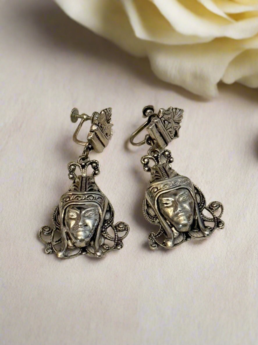 Silver Tone Ethnic Face Dangler Earrings VINTAGE Screw Back