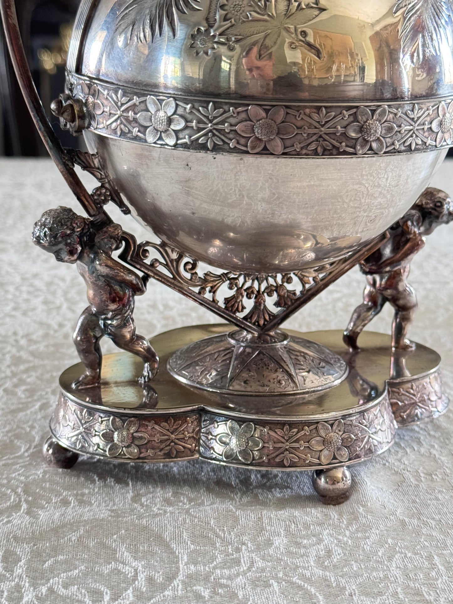 Antique Silverplate Putti Cherub Mechanical Butter Dish Victorian American Gilded Age c. 1880–1900
