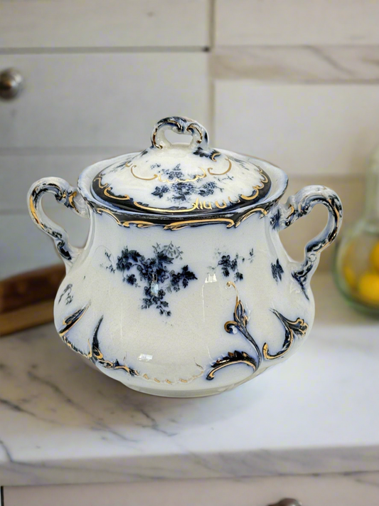 Antique Chiswick (Flow Blue) by RIDGWAY (RIDGWAYS) Sugar Bowl With Lid RARE