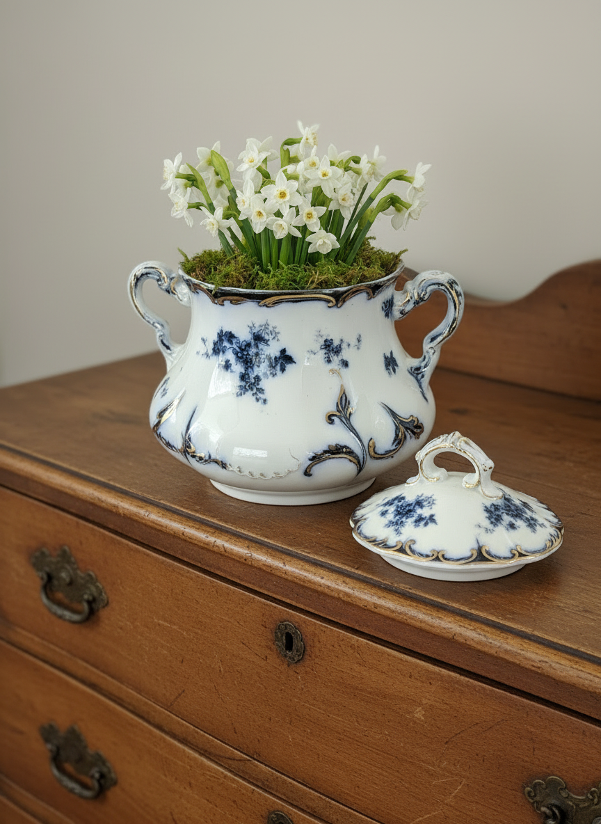 Antique Chiswick (Flow Blue) by RIDGWAY (RIDGWAYS) Sugar Bowl With Lid RARE