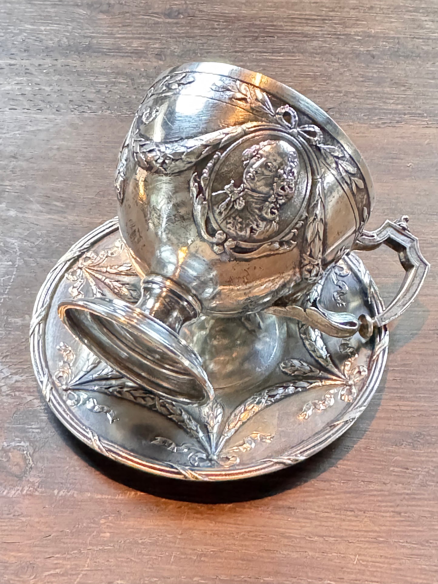 Vintage Silverplate Demitasse Cup & Saucer Cameo Repousse Pseudo Hallmark
