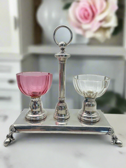 Antique Silverplate French Double SALT Cellar Saliere Caddy With Pink Clear Crystal