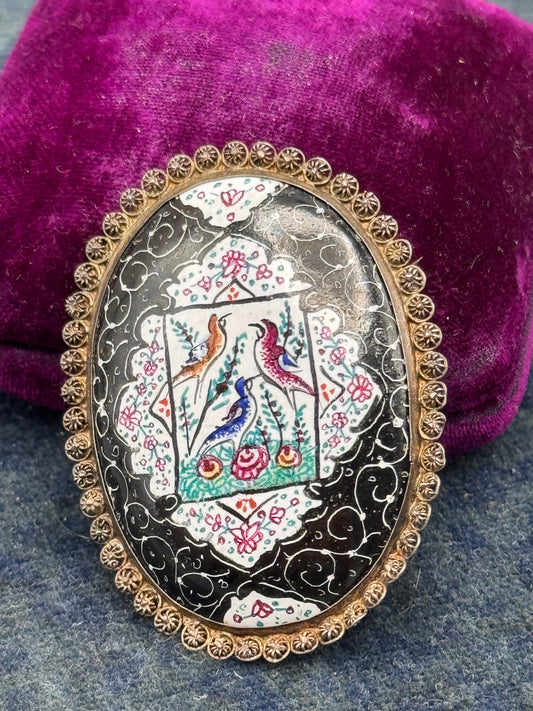 Vintage Enamel Bird Brooch Hand Painted Oval Scenic Pin 2”