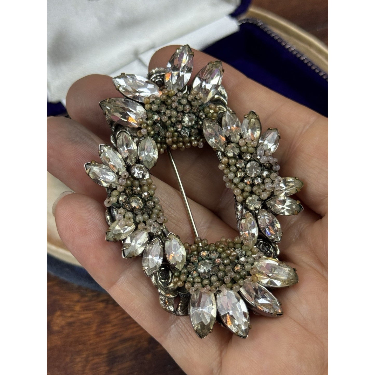 VTG Miriam Haskell Brooch Rhinestone Seed Pearl Floral Wreath Signed 3” READ‼️