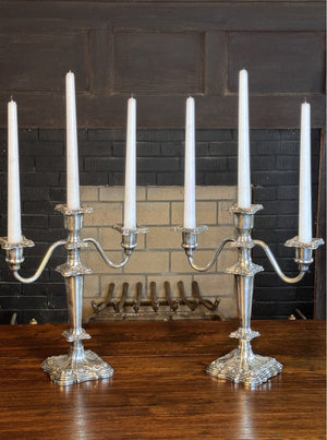 Silverplate Candelabra Pair Antique Repoussé 3-Light Ornate 12”h DENTS