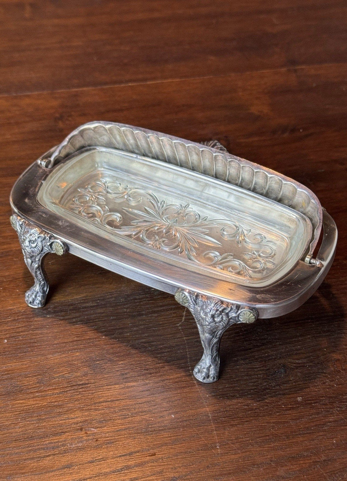 Silverplate Roll Top Butter Dish F B Rogers Silver Co Lion Feet 7.5”