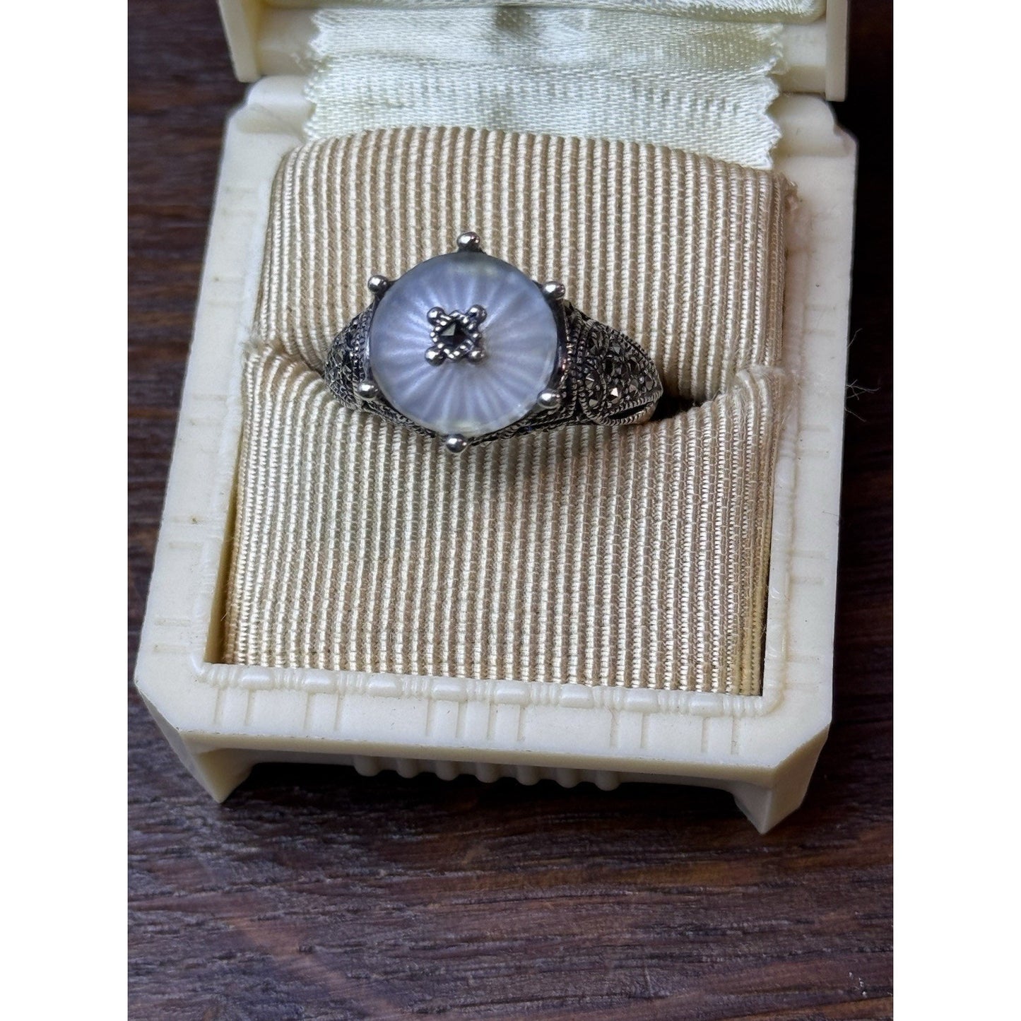 Sterling Silver Camphor Glass Marcasite Ring Size 6.75 Art Deco Style