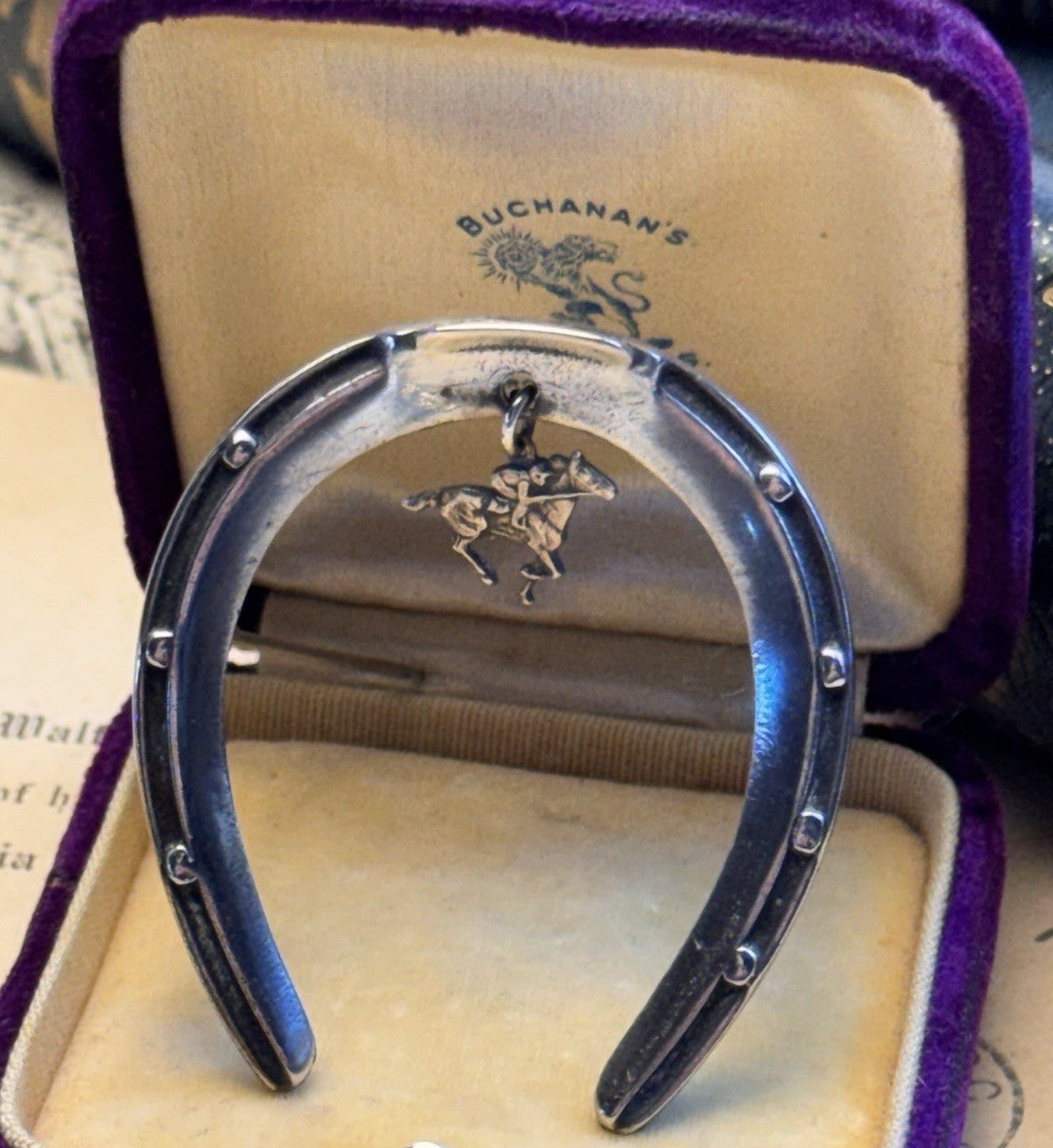 Sterling Brooch Horseshoe Horse Jockey Dangle Equestrian Racing Vintage 2”