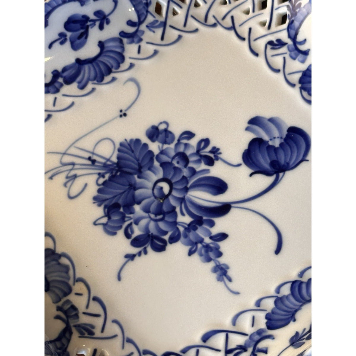 Royal Copenhagen Porcelain Reticulated Blue White Square Bowl 9.25” VINTAGE