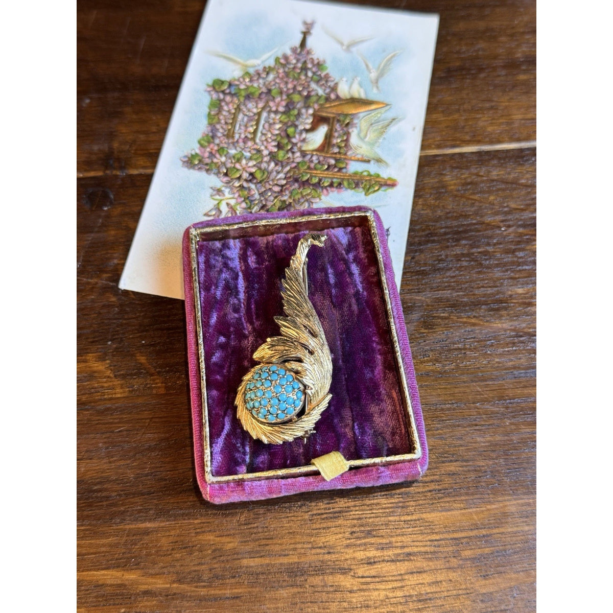 Signed Hattie Carnegie Brooch Goldtone Feather Turquoiseblue Glass 2.5”