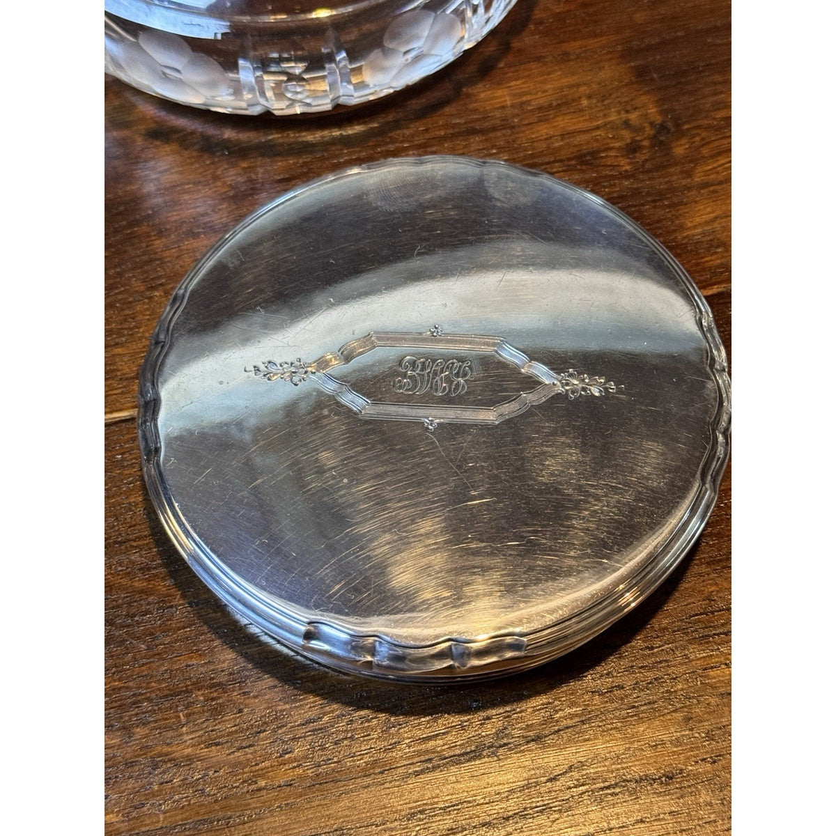 Art Deco Antique Crystal Jewelry Box Sterling Silver Lid Vanity 5.5”