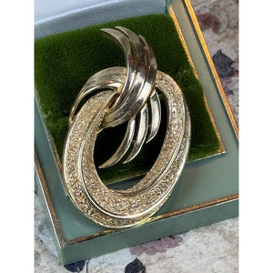 Vintage Crown Trifari Brooch Goldtone Modernist Textured Oval Abstract Pin