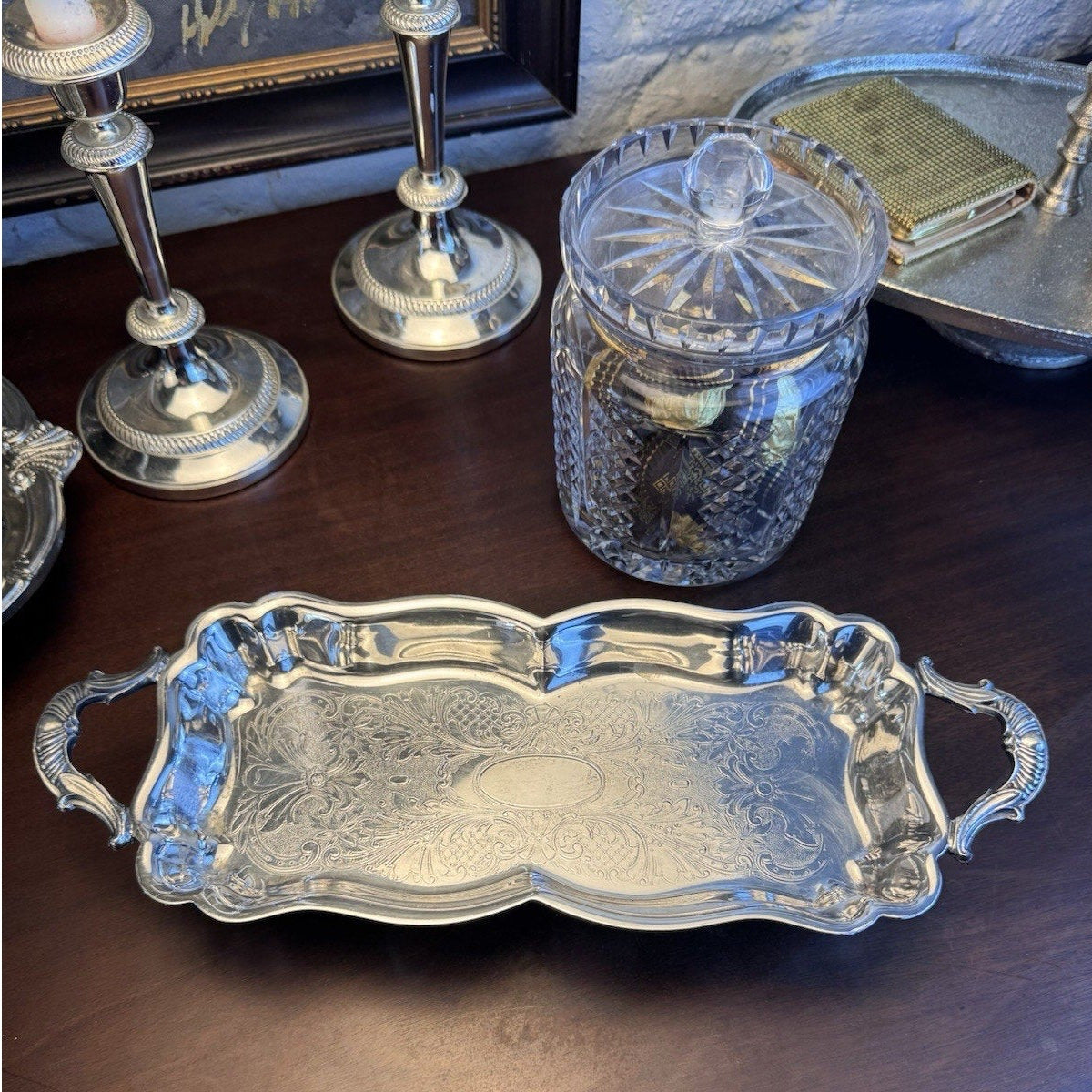 Silverplate Serving Tray 5th Ave Silver Co Footed Handled Chased Vintage 14.5”