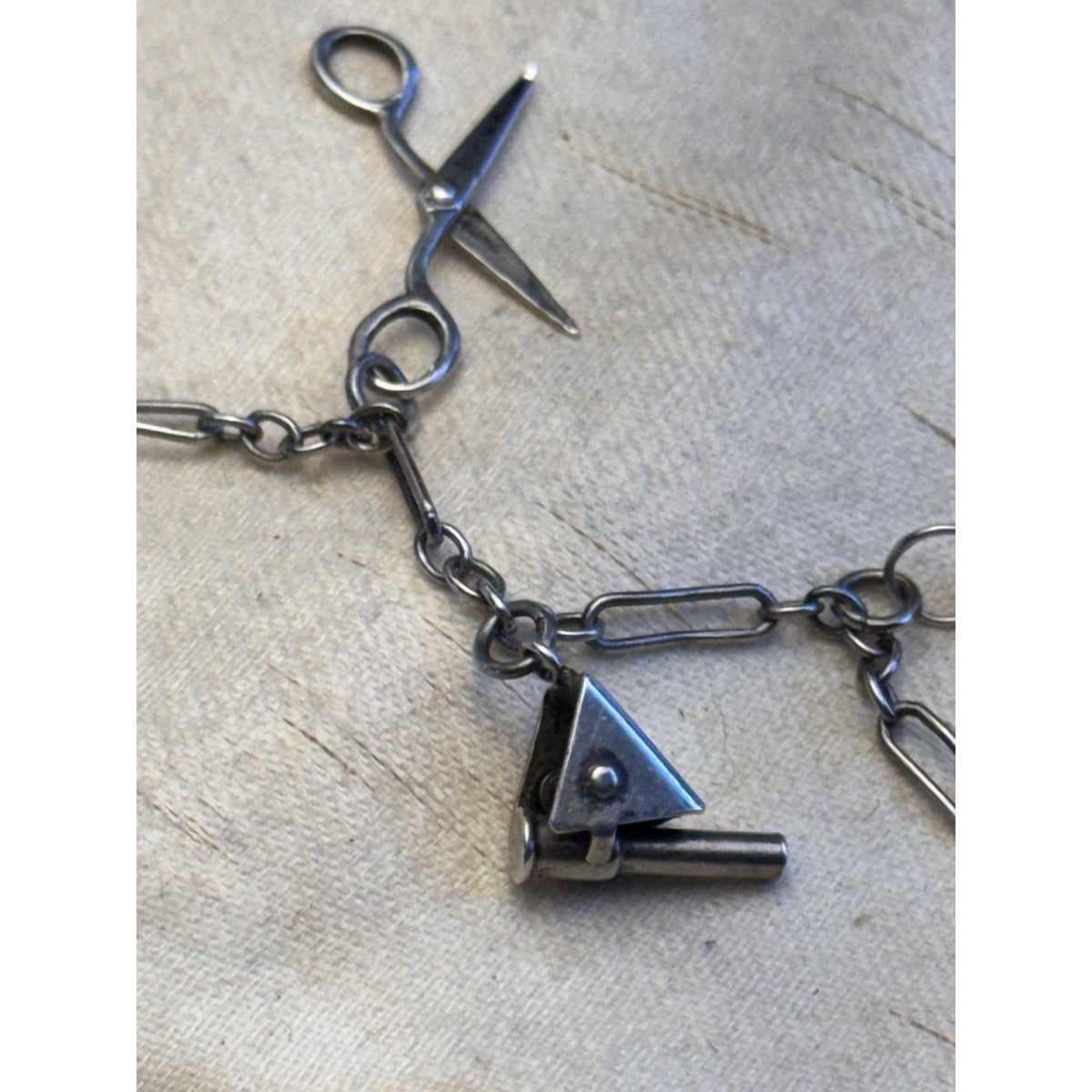 Sterling Silver Charm Bracelet 8 Charms Articulated Scissors & Cannon 6.75