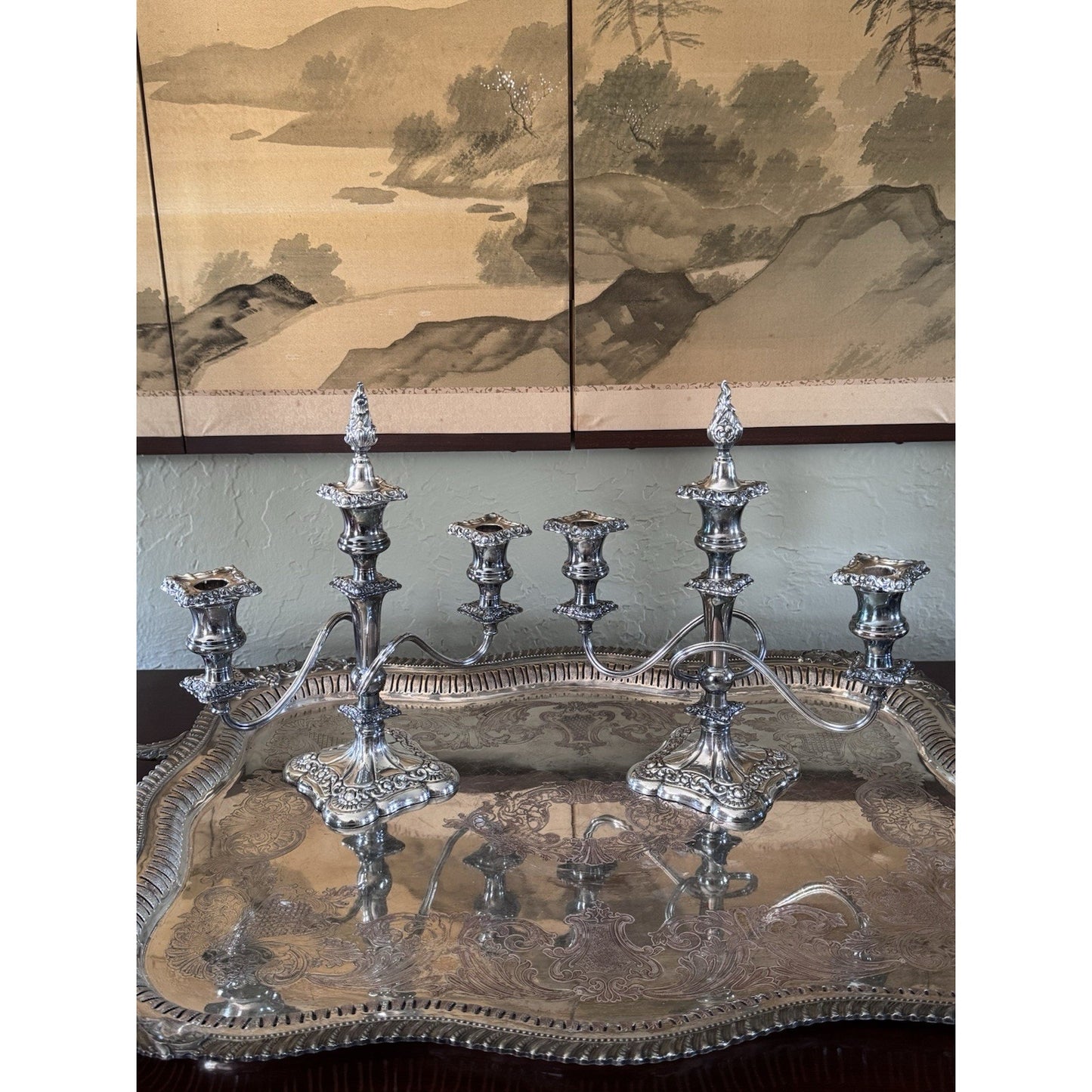 Antique Style Repousse Candelabra Pair Silverplate 3 Light W Snuffers 11”
