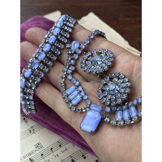 Joseph WARNER Jewelry Set Blue Rhinestone Lucite Necklace Bracelet Earrings