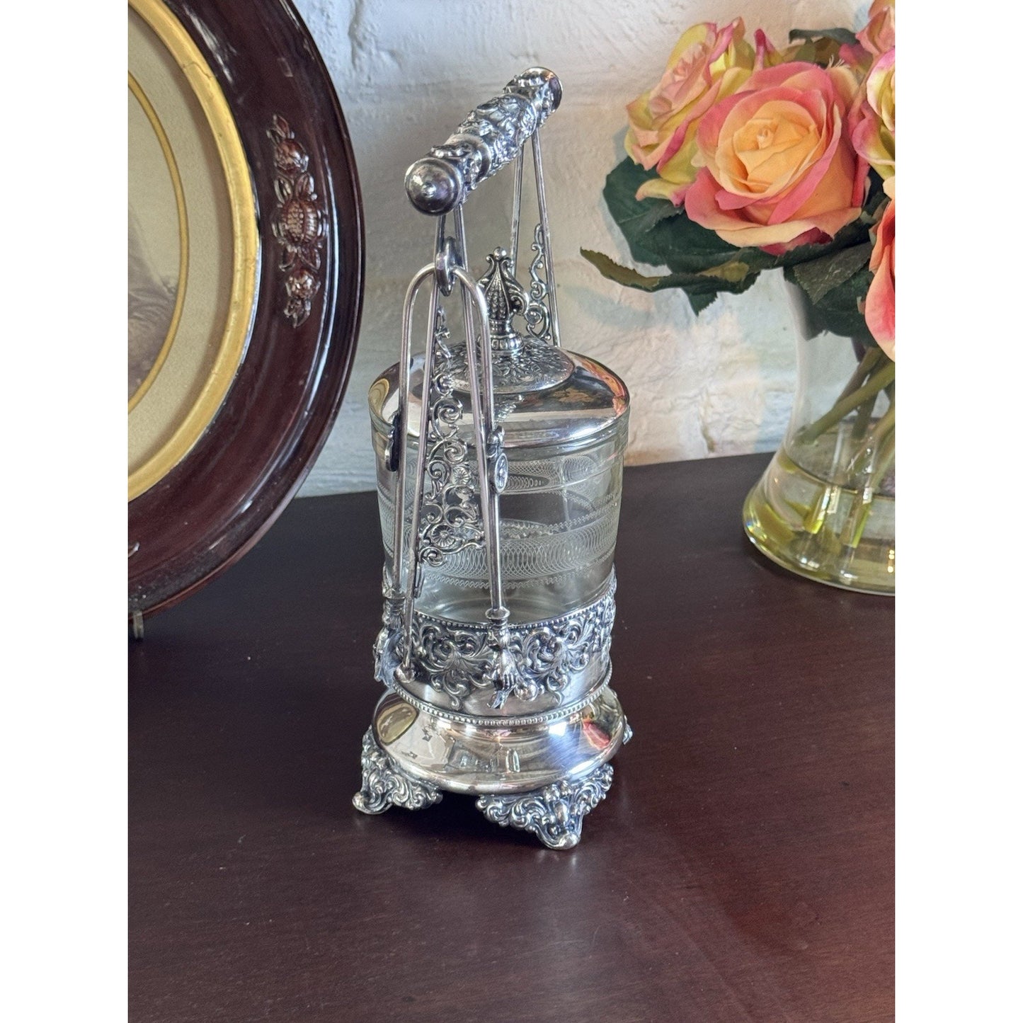 Antique Pickle Castor Forbes Silver Co Quadruple Plate Glass Jar & Tongs