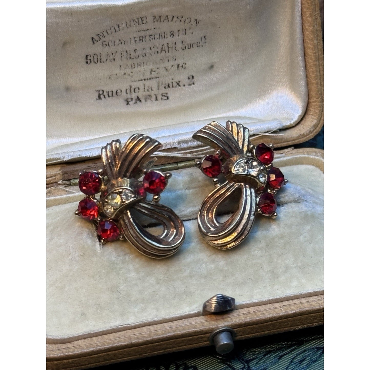 Vintage Ribbon Clip-On Earrings Rose Goldtone Red Clear Rhinestones 1”
