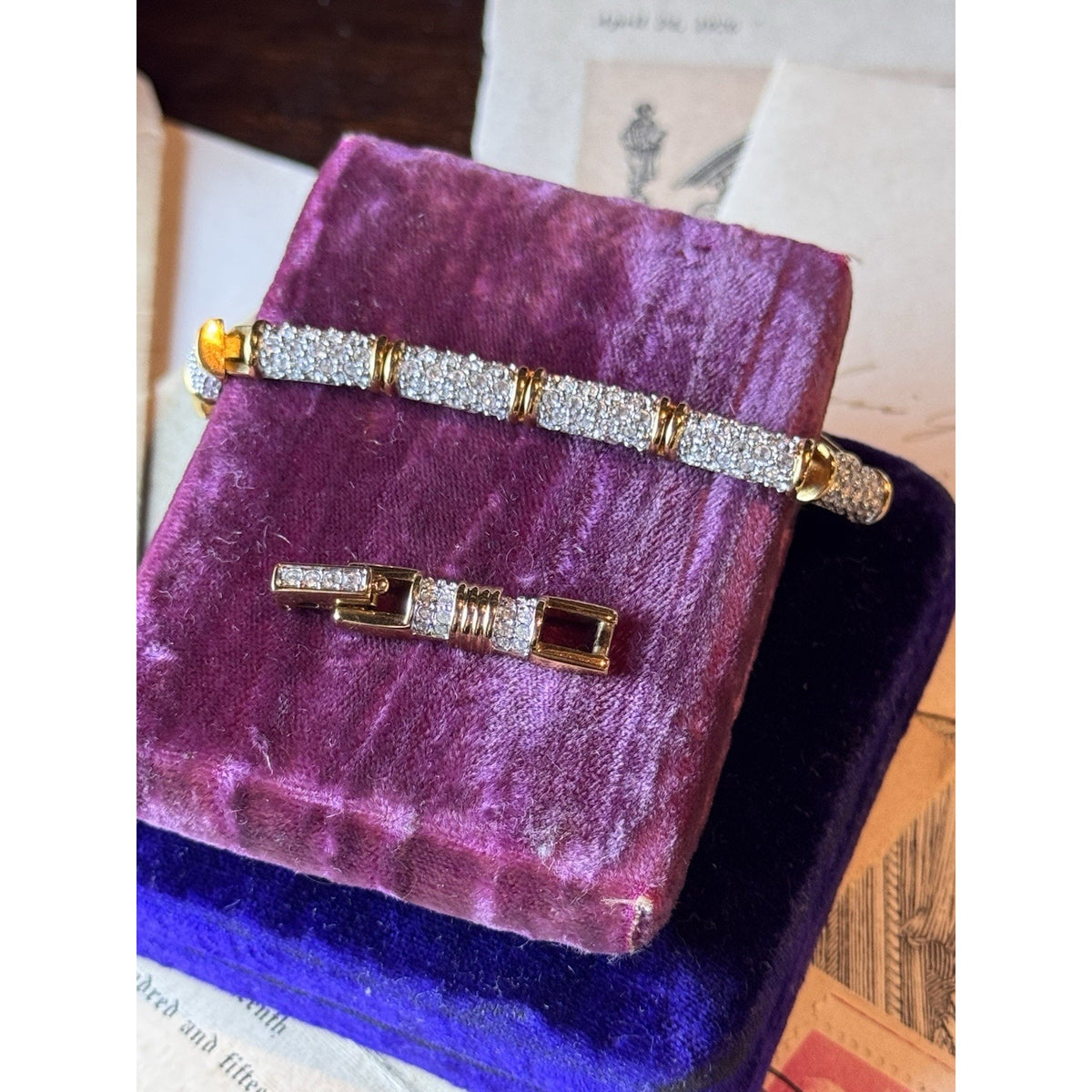 Swarovski Crystal Bracelet Goldtone Pavé Tennis Link Signed 7” 8” w. Extension