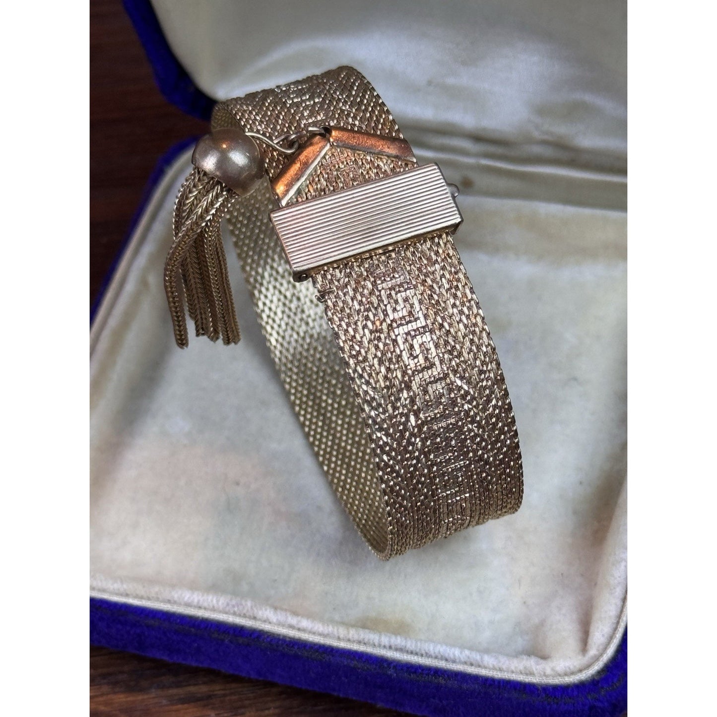 Goldtone Greek Key Bracelet Mesh Belt Tassel Adjustable 7”+ VINTAGE
