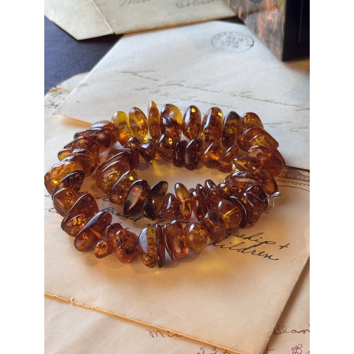 Vintage AMBER Necklace Chunky Graduated Nugget Beads Silvertone Clasp 16”